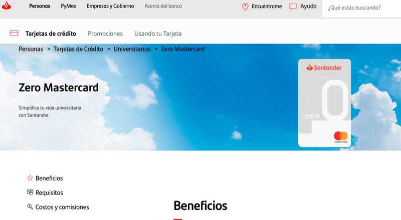 Tarjeta de crédito Zero Mastercard de Santander